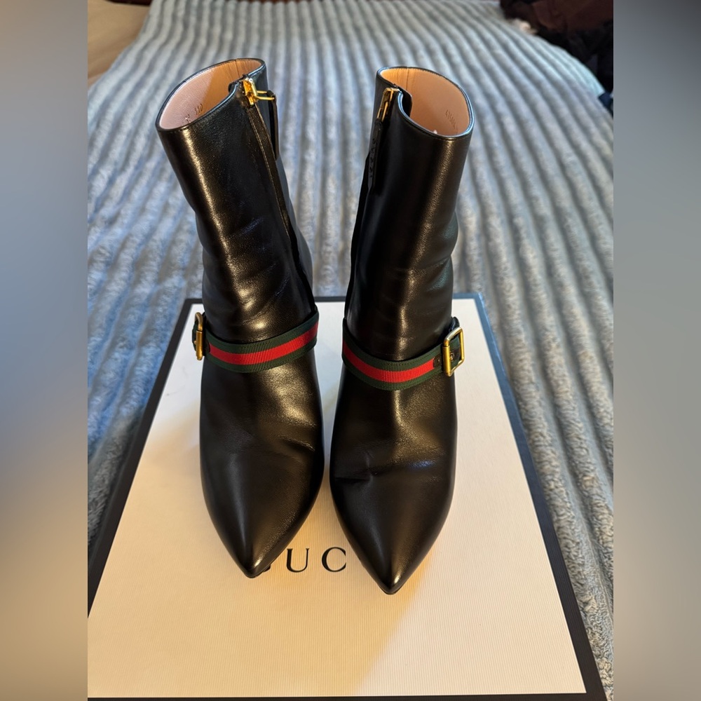 Gucci Black Napa Leather Charlotte Ankle Booties with Gold Buckle